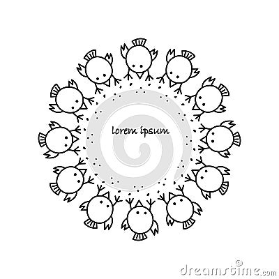 Graphic circle frame with cute simple birds. Vector Illustration